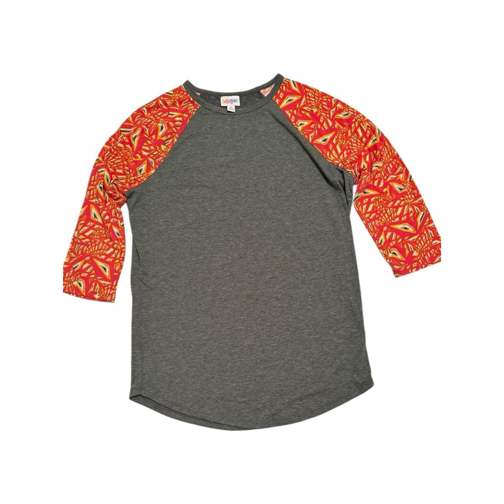 LuLaRoe Randy 3/4 Sleeve Tee Shirt Size Medium Gray W/ Orange Geometric Sleeves